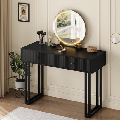 Vanity Desk with Mirror and Lights, Small Makeup Vanity with 2 Drawers, Modern Vanity Organizer with 3 Color Lights