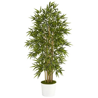 Nearly Natural 64-in Bamboo Artificial Tree in White Tin Planter