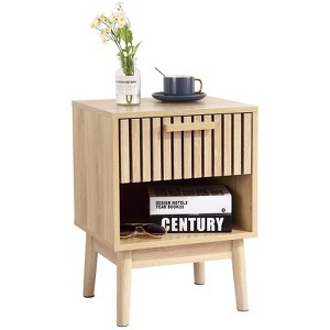 Boho Nightstand, Small Side Table Night Stand with Drawer Open Shelf, Bedside End Table with Wood Strip Decorated Drawer - 1 of 4