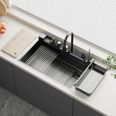 FUFU&GAGA Premium 304 Stainless Steel Kitchen Sink with Whale Faucet and Oak Cutting Board