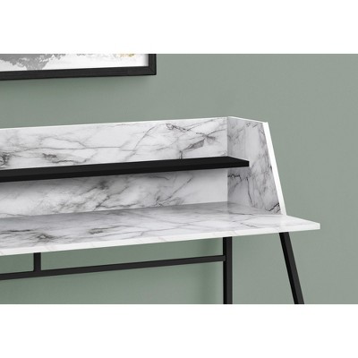 Vynxaria 48" White Marble Effect Matte Black Metal Desk Modern Home Office Centerpiece with Storage Shelves