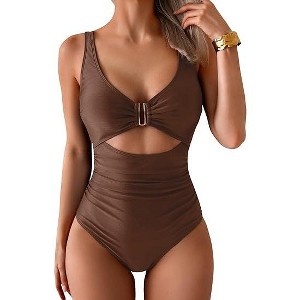 Eomenie Women's One Piece Swimsuit Tummy Control Ruched Bathing Suit Cutout V Neck Swimwear High Cut Tie Back Swim Suit - 1 of 3