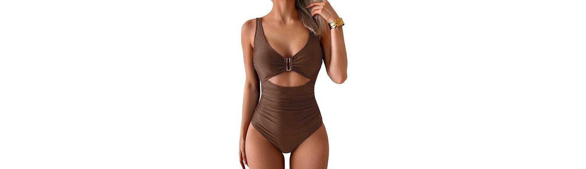 Eomenie Women's One Piece Swimsuit Tummy Control Ruched Bathing Suit Cutout V Neck Swimwear High Cut Tie Back Swim Suit