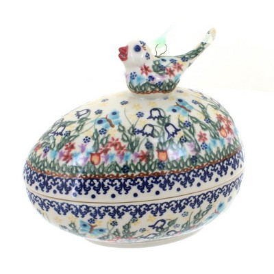 Blue Rose Polish Pottery Garden of Eden Egg Box with Bird