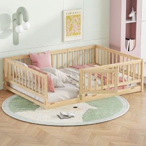 CAVINAS Kids Montessori Bed with Door,Modern Floor Bed with Fence,Twin/Full Size Toddler Bed for Bedroom Playroom,White/Brown - 1 of 4
