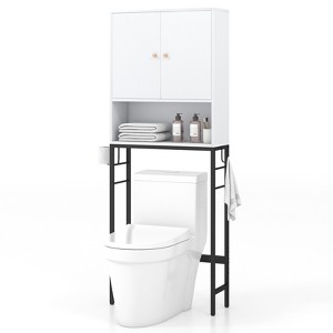 Over The Toilet Storage Bathroom Organizer with Double-Door Cabinet & Open Compartment Adjustable Shelf & Bottom Bar Space-saving Rack Black/ Natural/ White - 1 of 4