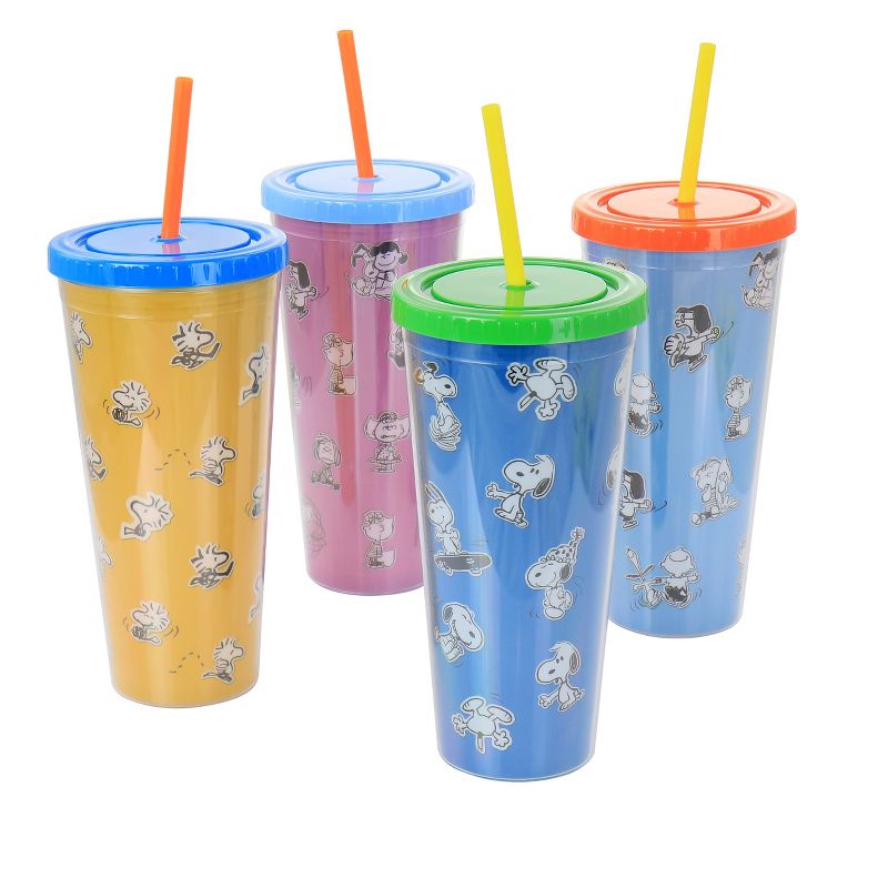 Gibson Peanuts 70th Anniversary 4 Piece Plastic 23.6oz Tumbler set with Lid and Straw in Assorted Colors, 1 of 9