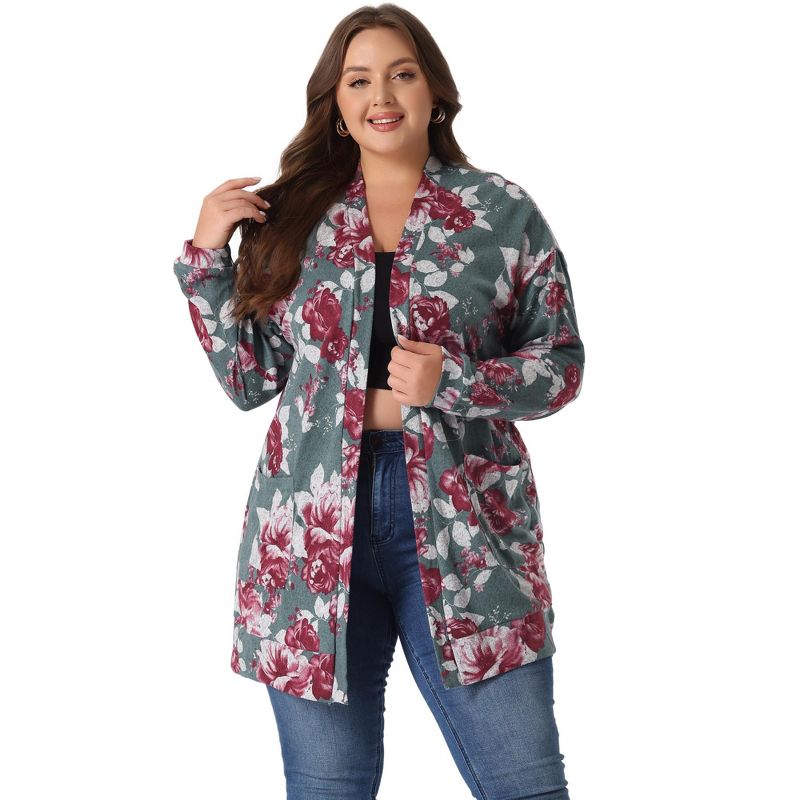 Agnes Orinda Women's Plus Size Lightweight Open Front Knit Floral Cardigan, 1 of 7