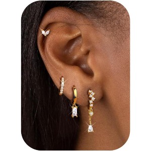 Gold Plated Dangle Earring Stack Set - Hypoallergenic Huggie Hoops & Studs, Dainty Stainless Steel Jewelry - 1 of 4