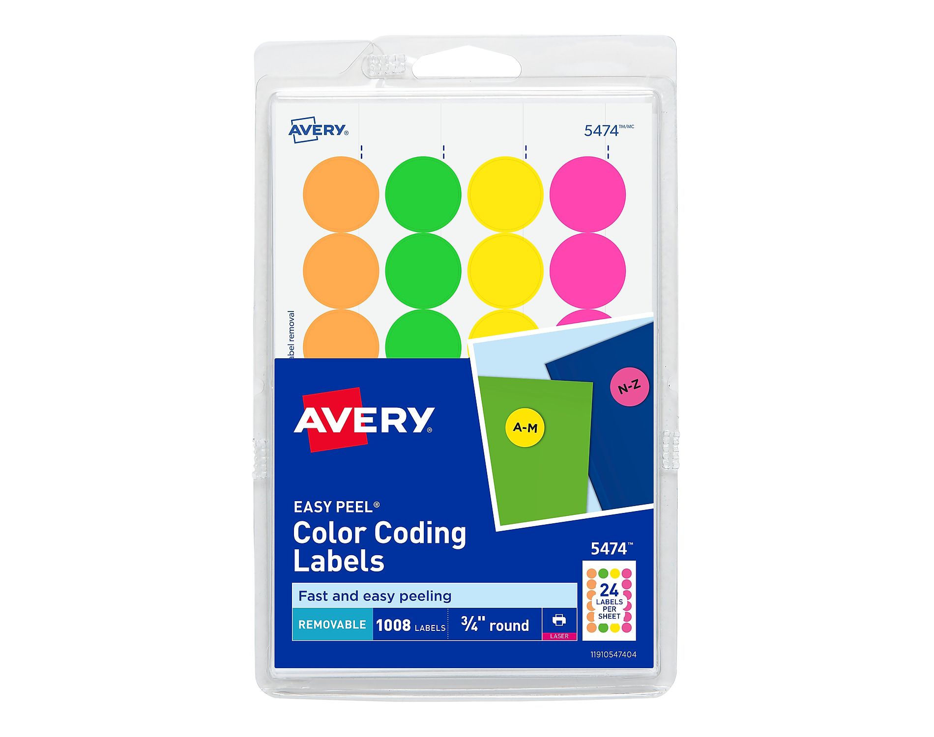 Avery Removable Labels 3/4" Round 1008/PK Neon AST 05474