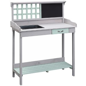 Outsunny Outdoor Wooden Potting Bench Table with Removable Sink, Garden Work Station with Chalkboard, Drawer, Open Shelf Storage, Light Gray - 1 of 4