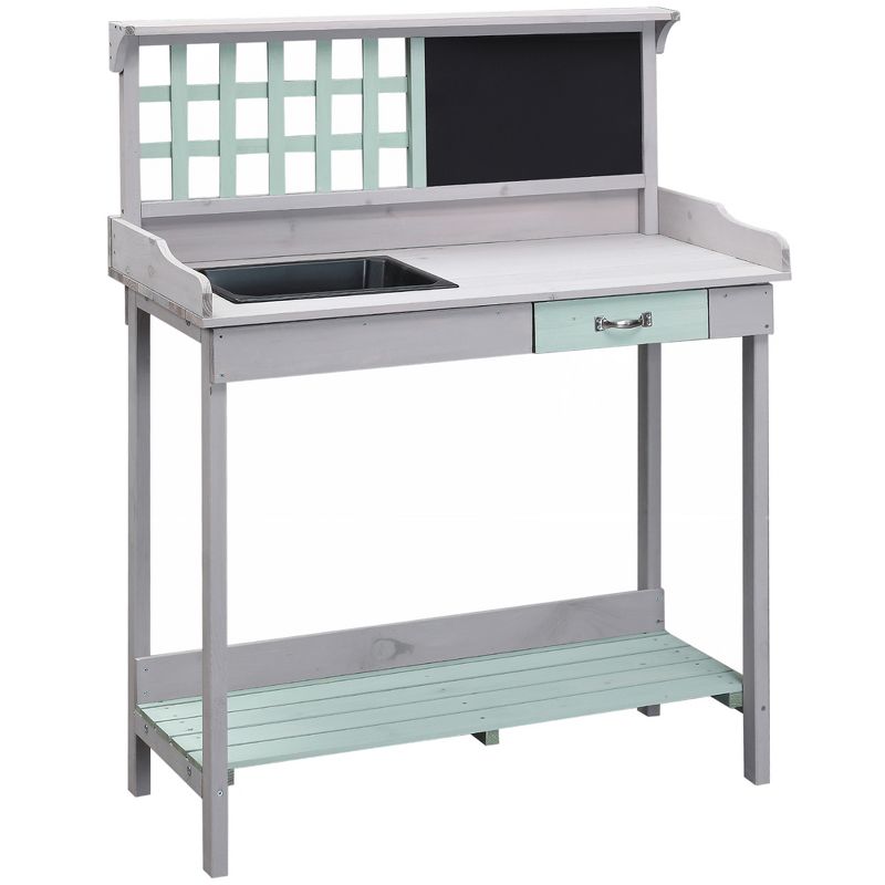 Outsunny Outdoor Wooden Potting Bench Table with Removable Sink, Garden Work Station with Chalkboard, Drawer, Open Shelf Storage, Light Gray, 1 of 9