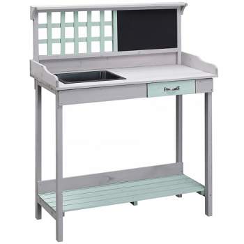 Outsunny Outdoor Wooden Potting Bench Table with Removable Sink, Garden Work Station with Chalkboard, Drawer, Open Shelf Storage, Light Gray