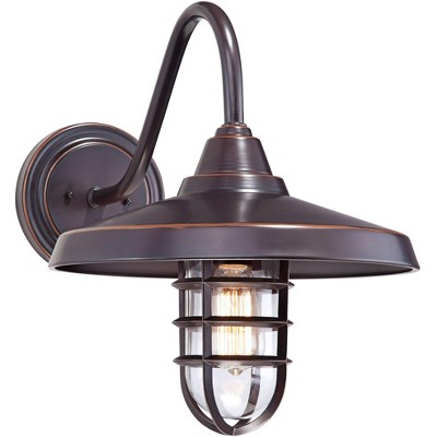 John Timberland Industrial Outdoor Barn Light Wall Fixture Painted Bronze Cage 16 3/4" Clear Glass for Exterior House Porch Patio