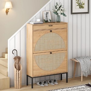 Brafabhome Shoe Cabinets with 2 Flip Oval Drawers, Slim Entryway Upgraded Large Shoe Organizer with Rattan Doors for Sneakers and Slippers | 16 Pairs - 1 of 4