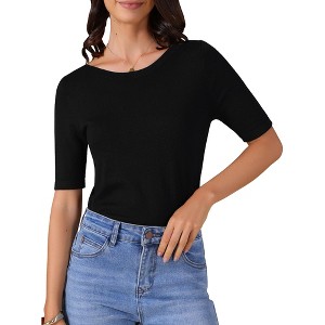 INSPIRE CHIC Women's Short Sleeve Boat Neck Lightweight Stretchy Basic Knit Casual T-Shirt - 1 of 4