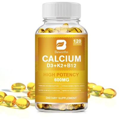 B Beworth 4-in-1 Calcium Supplements, with 5000 IU D3 K2 (MK7) Vitamin B12 for Heart,Bone,Immune,120 Capsules