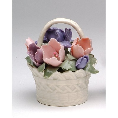 Spring Floral Ceramic Basket Figurine with Iris Flowers