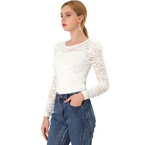 INSPIRE CHIC Women's Vintage Semi-Sheer Puff Long Sleeve Embroidery Lace Floral Blouse - 1 of 4