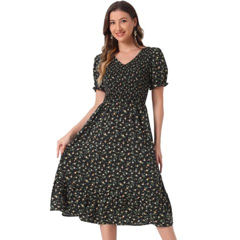 Женские платья INSPIRE CHIC Women's Floral Smocked Puff Short Sleeves V Neck Ruffled Hem Midi Dress Orange Black Medium