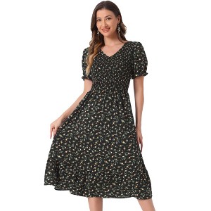 INSPIRE CHIC Women's Floral Smocked Puff Short Sleeves V Neck Ruffled Hem Midi Dress - 1 of 4