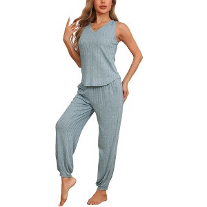 cheibear Women's Loungewear Knit Sleeveless V Neck Tank Tops with Pants Pajamas Sets 2 Pcs - 1 of 4
