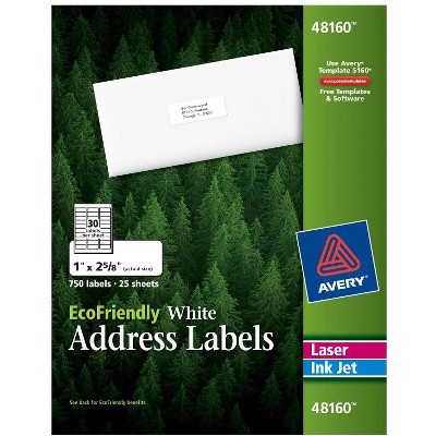 Avery EcoFriendly Permanent-Adhesive Address Labels For Laser and Inkjet Printers, 1 x 2-5/8 Inches, White, Box of 750