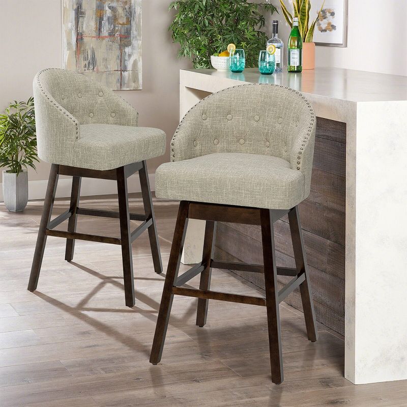 Tangkula Set of 2 Swivel Bar Stools Tufted Bar Height Pub Chairs w/ Rubber Wood Legs, 2 of 10