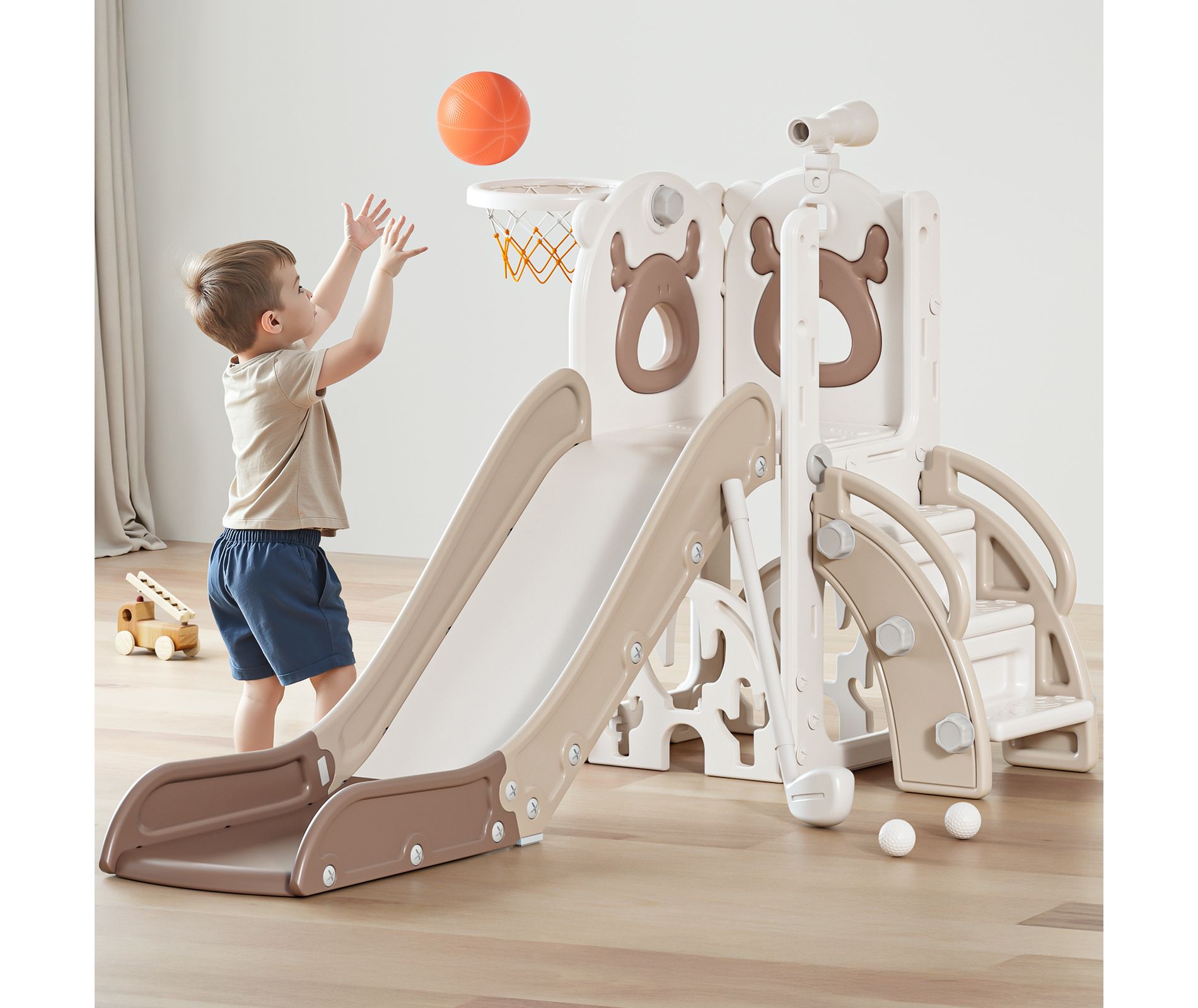 7 In1 Elk Toddler Slide, Kids Indoor Slide For Toddlers ,baby Slide For Indoor Outdoor With Basketball Hoop And Telescope