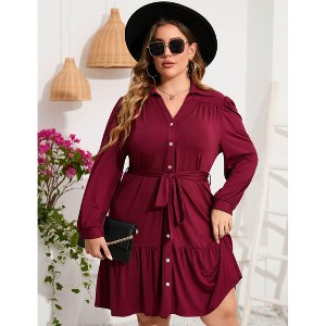 Coolmee Women's Plus Size Dress Long Sleeve Button Front Belted Shirt Dress V Neck Ruffle Midi A Line Shirt Dress - 1 of 4