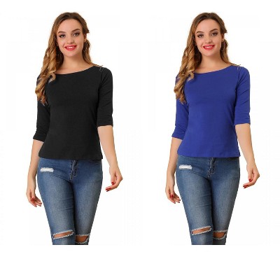 Allegra K Women's Classic Solid Elbow Sleeves Round Neck Slim Fit T-Shirts 2 Packs