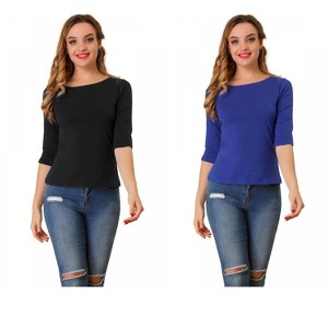 Allegra K Women's Classic Solid Elbow Sleeves Round Neck Slim Fit T-Shirts 2 Packs - 1 of 4