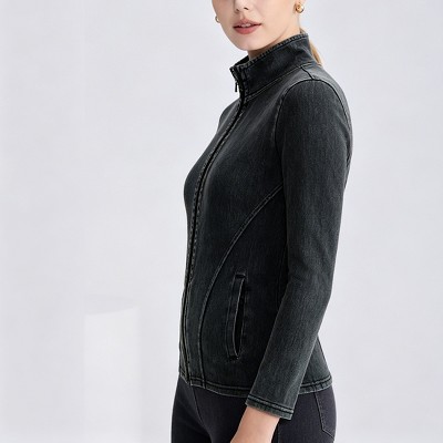 Женские куртки YesFashion Women Stand Collar Zip Up Denim Look Jacket Seamed Fitted Long Sleeve Stretchy Slim Outerwear with Side Pockets Gray L — фото 4
