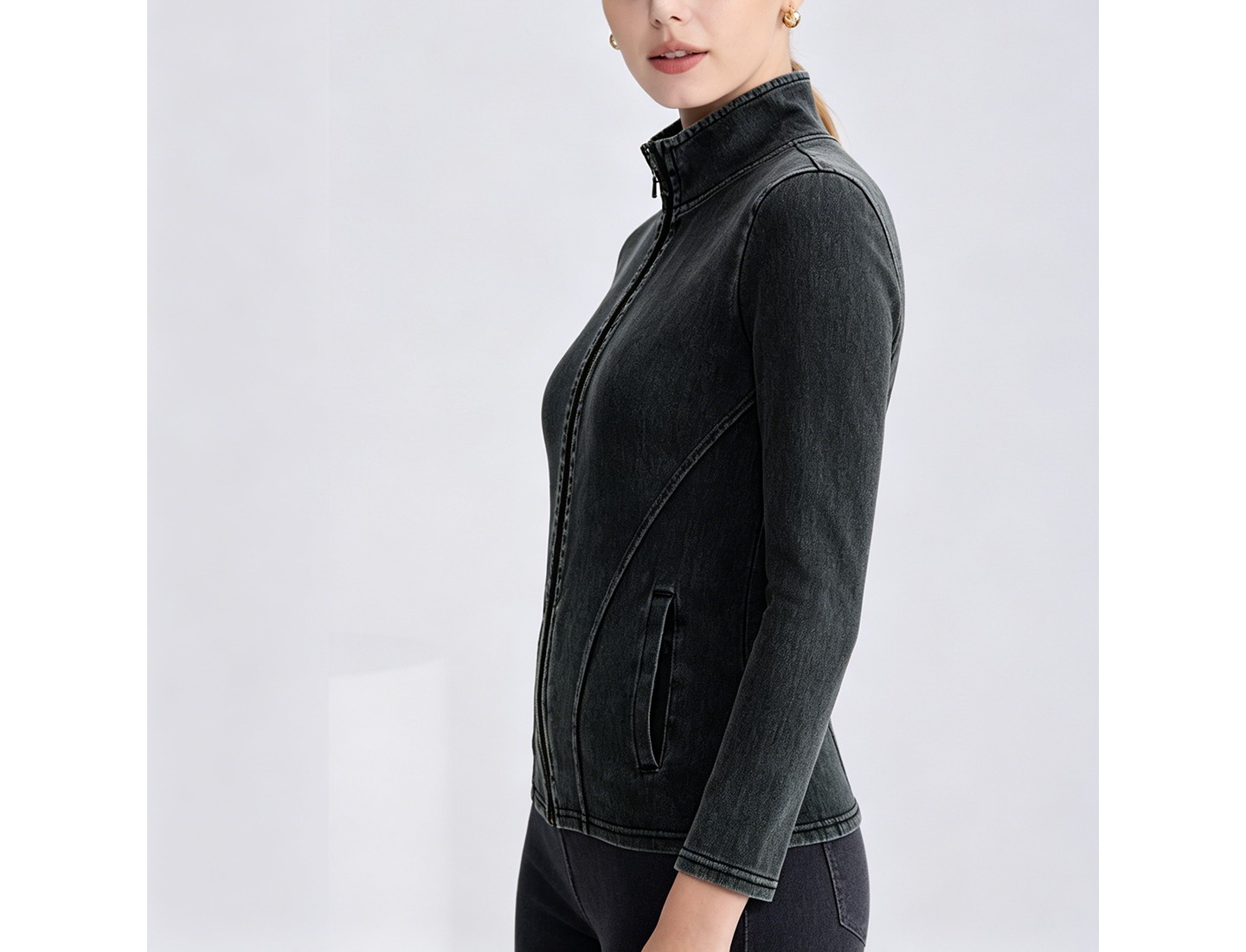 Женская куртка YesFashion Women Stand Collar Zip Up Denim Look Jacket Seamed Fitted Long Sleeve Stretchy Slim Outerwear with Side Pockets Gray, цвет: Джинсовый — фото 4