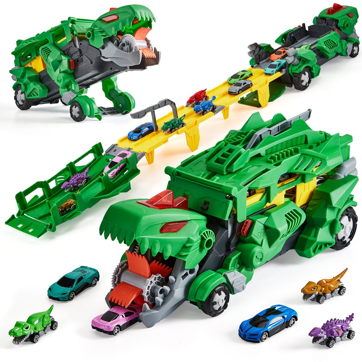 Toddler Toys Car Track Set for 3 4 5 6 Years Old Boys, Dinosaur Transporter Car Race Track with 12 Die-Cast Car Toys, Ejecting Dinosaur Track