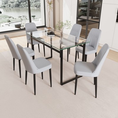 NicBex Dining Table for 6 Modern Kitchen Table Chairs Set with Glass Tabletop and 6 Thick Cushion PU Chairs for Kitchen