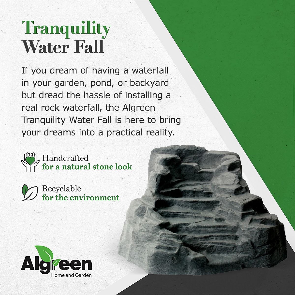 Algreen Outdoor Rock Waterfall, Tranquility Water Fountain for Pond & Backyard - thumbnail 2