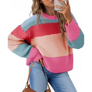 Imily Bela Womens Color Block Cropped Sweaters 2025 Winter Trendy Casual Oversized Y2k Going Out Striped Pullover Tops - 1 of 4