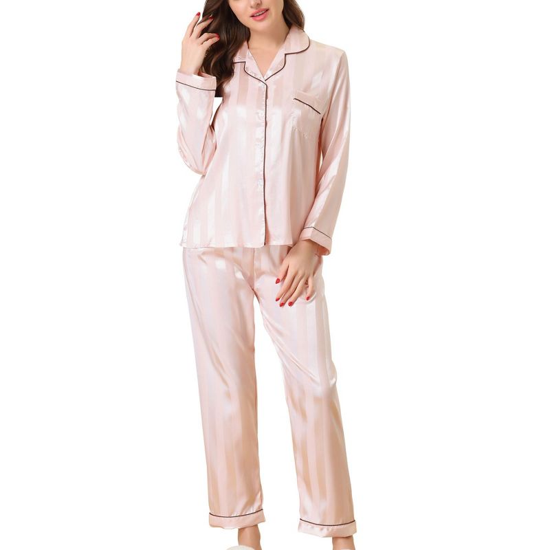 cheibear Women's Satin Soft Button Down Sleepwear with Pants Lounge Pajama Set, 1 of 6