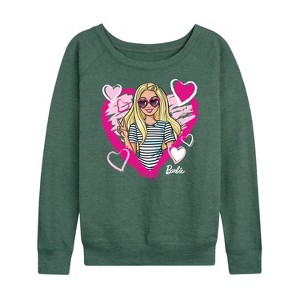 Women's - Barbie - Sketchy Hearts Barbie Lightweight French Terry Wide Neck Long Sleeve Shirt - 1 of 4