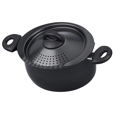 Bialetti 7265 2 In 1 Nonstick Aluminum 5 Quart Oval Shaped Kitchen Pasta Pot with Lockable Strainer Lid and Heat Resistant Handles, Black