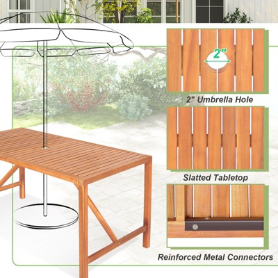 Natural Acacia Wood Rectangular Outdoor Dining Table with Umbrella Hole