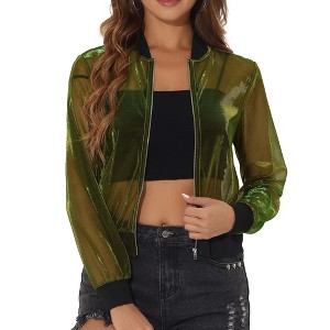 INSPIRE CHIC Women's Sheer Mesh Shiny Long Sleeve See-Through Zip