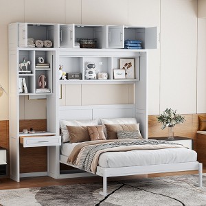 Full/Queen Size Wall Murphy Bed Space Saving Foldable Bed with Desk, Top Cabinet and Storage Shelves, White/Gray-ModernLuxe - 1 of 4