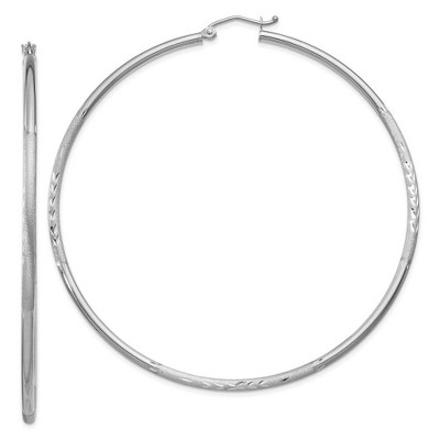 Black Bow Jewelry 2mm x 65mm 14k White Gold Satin & Diamond-Cut Round Hoop Earrings