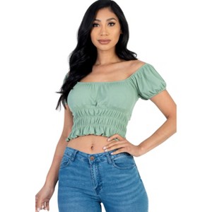 Slickblue Women's Ribbed Knit Puff Sleeve Top, Ruched Shoulder Detail, Short Sleeve Tee, Multiple Colors, Size S-L - 1 of 4