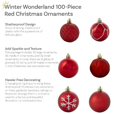 Red Shatterproof Plastic Christmas Ornament Set, 100 Pieces