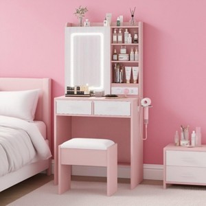 Makeup Vanity Desk with Mirror and Lights, Vanity Table Set with Charging Station, Dressing Table with Stool, 2 Drawers, Power Outlets & USB Ports - 1 of 4