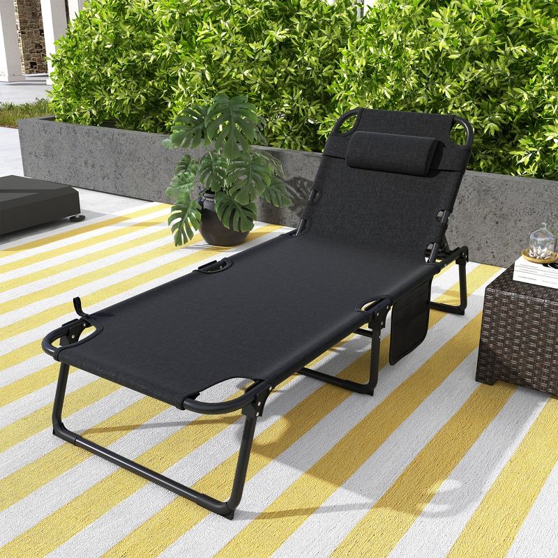 Outsunny Outdoor Folding Chaise with 4-position Adjustable Backrest, Magazine Pocket, Removable Head Pillow for Balcony, Backyard, Camping, Gray, 2 of 7