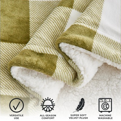 Olive Green Buffalo Check Full Sherpa Fleece Reversible Blanket